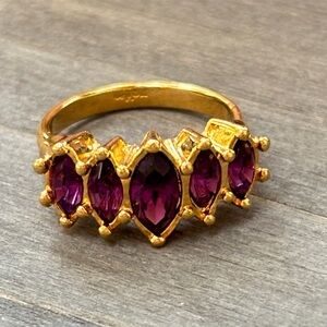 Vintage Avon Ring with Five Marquise-Cut Faux Amethyst Purple Gold-Tone, size 7